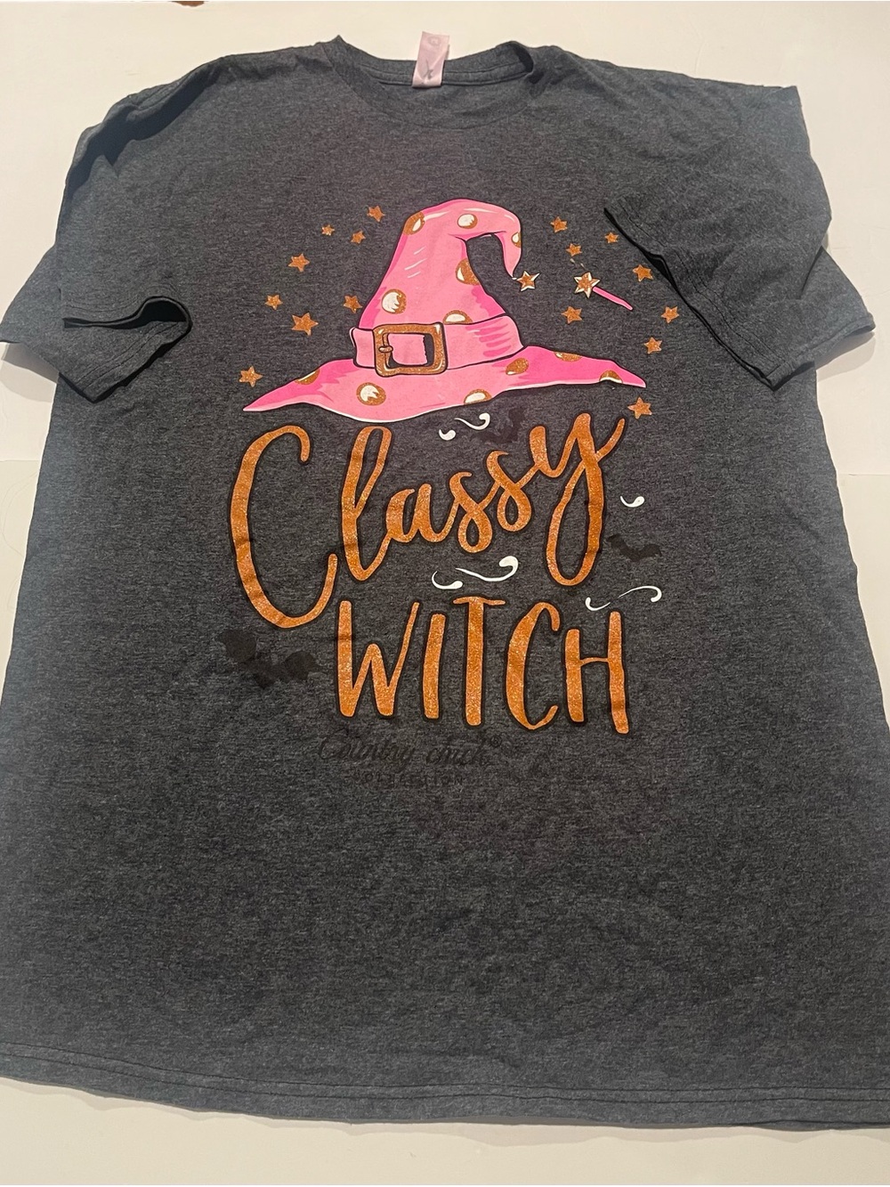 Classy Witch women’s medium graphic Tee - Pink & Dark Gray glitter Halloween